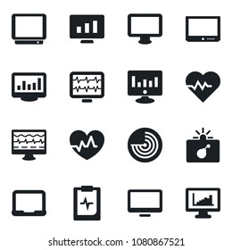 Set of vector isolated black icon - bomb in case vector, radar, notebook pc, statistic monitor, heart pulse, clipboard, tv, statistics