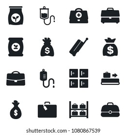 Set of vector isolated black icon - suitcase vector, baggage conveyor, luggage storage, checkroom, money bag, fertilizer, doctor case, dropper