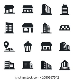 Set of vector isolated black icon - taxi vector, shop, office building, garden light, navigation, store, city house, cafe, storefront
