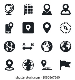 Set of vector isolated black icon - globe vector, seat map, navigation, earth, pin, mobile tracking, route, network, place tag, compass, flag