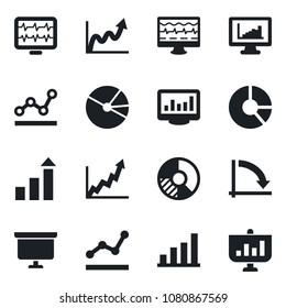 Set of vector isolated black icon - growth statistic vector, presentation board, crisis graph, circle chart, monitor pulse, statistics, bar, pie, point