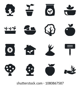 Set of vector isolated black icon - seedling vector, tree, sproute, plant label, fertilizer, fruit, salad, apple, eco house, palm