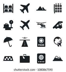 Set of vector isolated black icon - plane vector, runway, taxi, suitcase, umbrella, passport, ladder car, helicopter, seat map, luggage storage, scales, globe, mountains