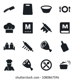 Set of vector isolated black icon - cook vector, cafe, hat, menu, salt and pepper, ham, bowl, rolling pin, cutting board, knife, steaming pan