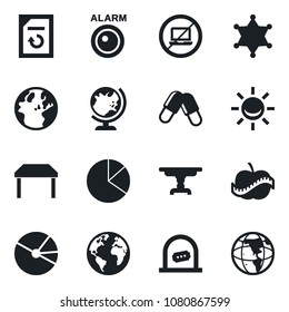 Set of vector isolated black icon - no laptop vector, ticket office, globe, document reload, pills, diet, earth, pie graph, table, police, alarm led