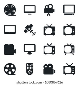 Set of vector isolated black icon - tv vector, reel, satellite, video camera, remote control, monitor