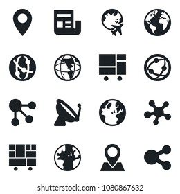 Set of vector isolated black icon - satellite antenna vector, plane globe, earth, pin, consolidated cargo, network, share, news, social media