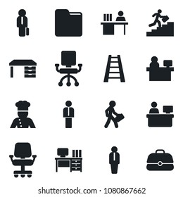 Set of vector isolated black icon - manager vector, desk, place, ladder, folder, career, cook, office chair, case
