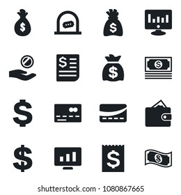 Set of vector isolated black icon - credit card vector, ticket office, dollar sign, money bag, statistic monitor, cash, receipt, wallet, investment