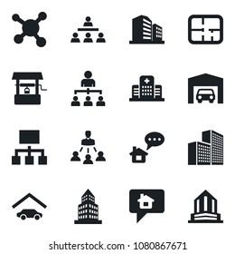 Set of vector isolated black icon - hierarchy vector, well, hospital, molecule, office building, garage, plan, home message