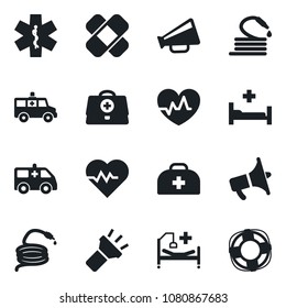 Set of vector isolated black icon - hose vector, heart pulse, doctor case, patch, ambulance star, car, hospital bed, loudspeaker, torch, crisis management
