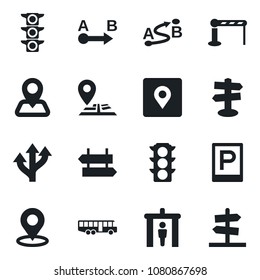 Set of vector isolated black icon - airport bus vector, parking, barrier, security gate, signpost, route, navigation, traffic light, place tag, guidepost