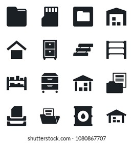 Set of vector isolated black icon - warehouse storage vector, oil barrel, rack, sd, folder, document, paper tray, archive box