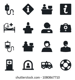 Set of vector isolated black icon - reception vector, medical room, manager place, doctor case, dropper, ambulance car, hospital bed, support, information, crisis management