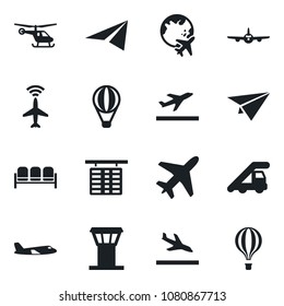Set of vector isolated black icon - plane vector, airport tower, radar, departure, arrival, waiting area, ladder car, helicopter, flight table, globe, paper, air balloon