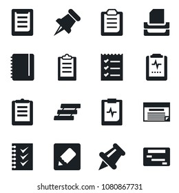 Set of vector isolated black icon - notepad vector, pulse clipboard, paper pin, notes, checklist, tray, schedule