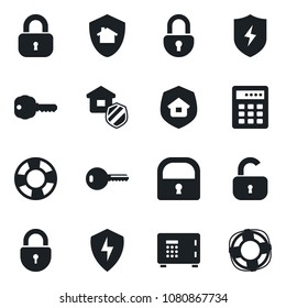 Set of vector isolated black icon - safe vector, lock, protect, key, estate insurance, home, combination, crisis management