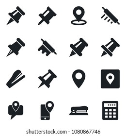 Set of vector isolated black icon - drawing pin vector, mobile tracking, paper, place tag, stapler, rolling, combination lock