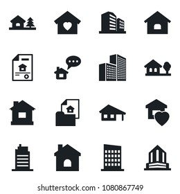 Set of vector isolated black icon - house vector, office building, with garage, tree, estate document, sweet home, city, message