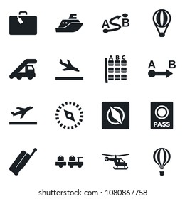Set of vector isolated black icon - suitcase vector, departure, arrival, passport, baggage larry, ladder car, helicopter, seat map, sea shipping, route, compass, air balloon