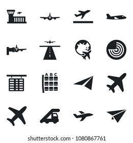 Set of vector isolated black icon - plane vector, runway, departure, ladder car, radar, boarding, seat map, flight table, globe, airport building, paper