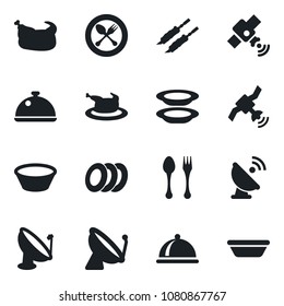 Set of vector isolated black icon - satellite antenna vector, spoon and fork, dish, plates, chicken, kebab, bowl