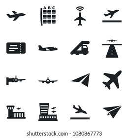 Set of vector isolated black icon - plane vector, runway, radar, departure, arrival, ticket, ladder car, boarding, seat map, airport building, paper