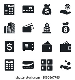 Set of vector isolated black icon - credit card vector, safe, checkroom, money bag, receipt, office building, combination lock, wallet, investment