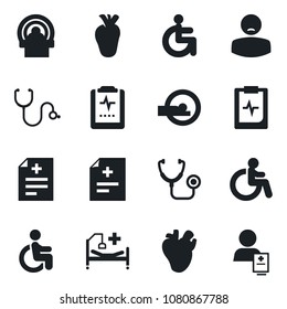Set of vector isolated black icon - disabled vector, diagnosis, stethoscope, tomography, hospital bed, real heart, pulse clipboard, patient