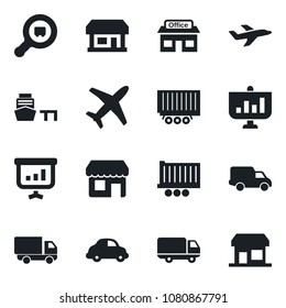 Set of vector isolated black icon - store vector, plane, truck trailer, car delivery, sea port, search cargo, presentation, storefront