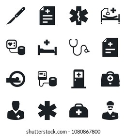 Set of vector isolated black icon - medical room vector, doctor case, diagnosis, stethoscope, blood pressure, scalpel, tomography, ambulance star, hospital bed