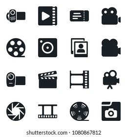 Set of vector isolated black icon - ticket vector, clapboard, film frame, reel, video camera, mobile, photo gallery