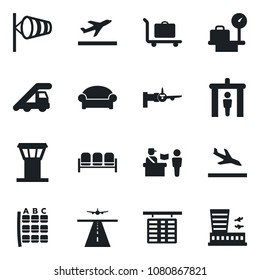 Set of vector isolated black icon - airport tower vector, runway, departure, arrival, baggage trolley, passport control, security gate, waiting area, ladder car, wind, boarding, seat map, building