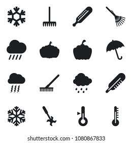 Set of vector isolated black icon - umbrella vector, storm cloud, rake, rain, pumpkin, ripper, thermometer, snowflake