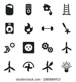 Set of vector isolated black icon - ripper vector, ladder, fire, barbell, speaker, battery, windmill, home control, socket, remote, sun panel, gear, idea