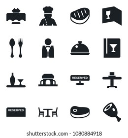 Set of vector isolated black icon - spoon and fork vector, cafe, waiter, cook, dish, alcohol, restaurant table, wine card, reserved, building, steak, ham