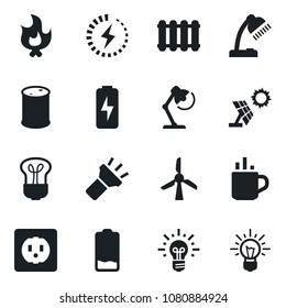 Set of vector isolated black icon - hot cup vector, fire, oil barrel, low battery, torch, charge, desk lamp, socket, radiator, bulb, sun panel, windmill, idea