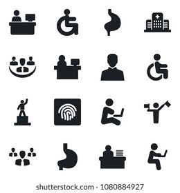 Set of vector isolated black icon - dispatcher vector, pedestal, manager place, disabled, stomach, hospital, user, fingerprint id, company, desk, group, man with notebook