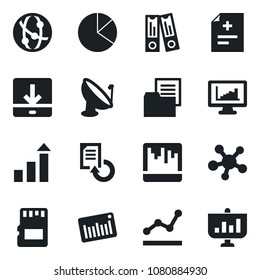Set of vector isolated black icon - growth statistic vector, office binder, document reload, diagnosis, folder, barcode, satellite antenna, network, share, scanner, sd, download, monitor statistics