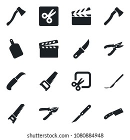 Set of vector isolated black icon - pruner vector, saw, garden knife, axe, scalpel, clapboard, cut, cutting board