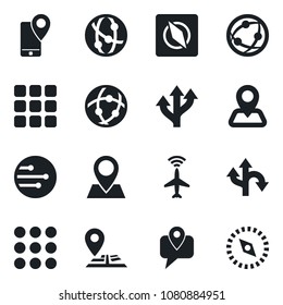 Set of vector isolated black icon - plane radar vector, route, navigation, pin, mobile tracking, network, menu, compass