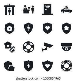 Set of vector isolated black icon - passport control vector, security gate, alarm car, heart shield, protect, estate insurance, vip zone, home, surveillance, crisis management
