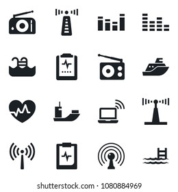 Set of vector isolated black icon - antenna vector, wireless notebook, heart pulse, clipboard, sea shipping, radio, equalizer, pool