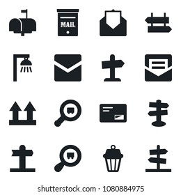 Set of vector isolated black icon - signpost vector, up side sign, search cargo, mail, mailbox, outdoor lamp, guidepost