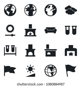 Set of vector isolated black icon - clouds vector, fireplace, blood test vial, earth, brightness, cushioned furniture, flag