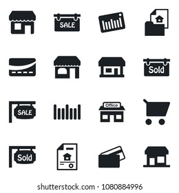 Set of vector isolated black icon - shop vector, store, barcode, estate document, sale, sold signboard, credit card, cart, storefront