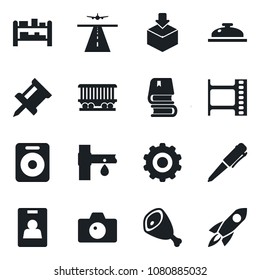 Set of vector isolated black icon - runway vector, camera, gear, pen, drip irrigation, railroad, package, rack, film frame, speaker, drawing pin, identity card, book, reception, ham, rocket