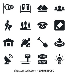 Set of vector isolated black icon - wind vector, pedestal, job, blood test vial, satellite, warehouse, heavy scales, antenna, notes, manager, phone, open close, serviette, water, group, idea