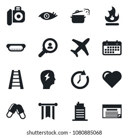 Set of vector isolated black icon - brainstorm vector, ladder, fire, heart, pills, eye, plane, term, camera, city house, hot dog, steaming pan, consumer search, clock, pennon, schedule