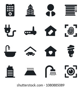 Set of vector isolated black icon - office building vector, garage, estate agent, bathroom, sweet home, smart, city house, power plug, fingerprint, remote control, router, warm floor, jalousie